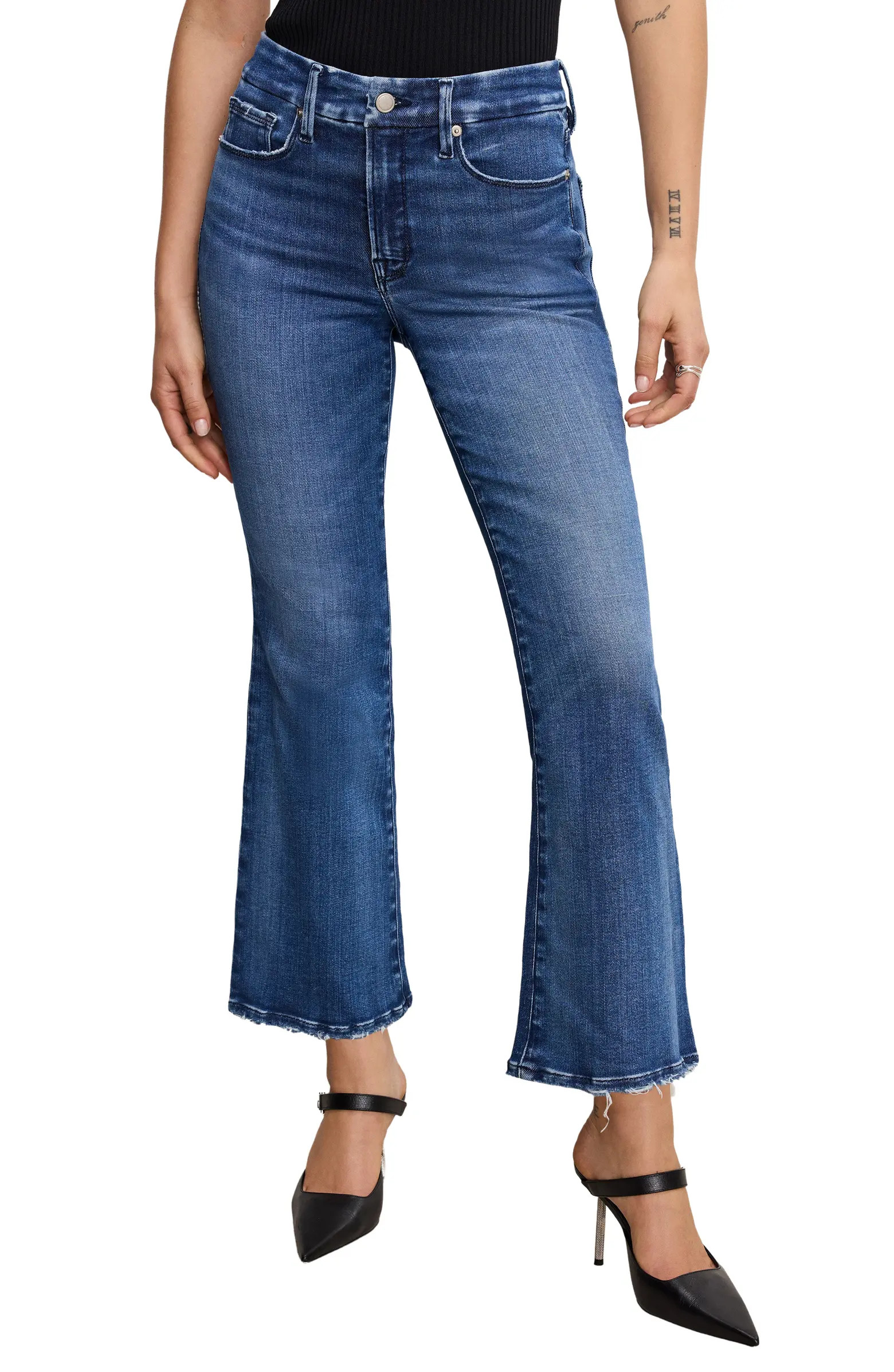 Good American Good Legs Soft-Tech High Waist Distressed Crop Mini Bootcut Jeans | Nordstrom | Nordstrom