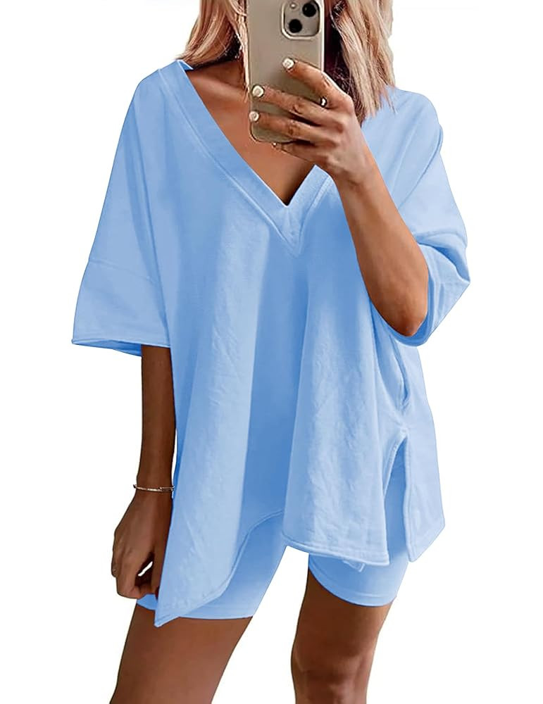 Ekouaer Womens Pajamas 2 Piece Lounge Sets Oversized V Neck T-Shirts Tops Biker Shorts Set Workou... | Amazon (US)