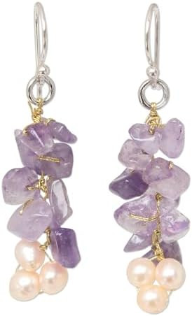 NOVICA Artisan Handmade Cultured Pearl Amethyst Cluster Earrings Unique Beaded Sterling Silver Pu... | Amazon (US)