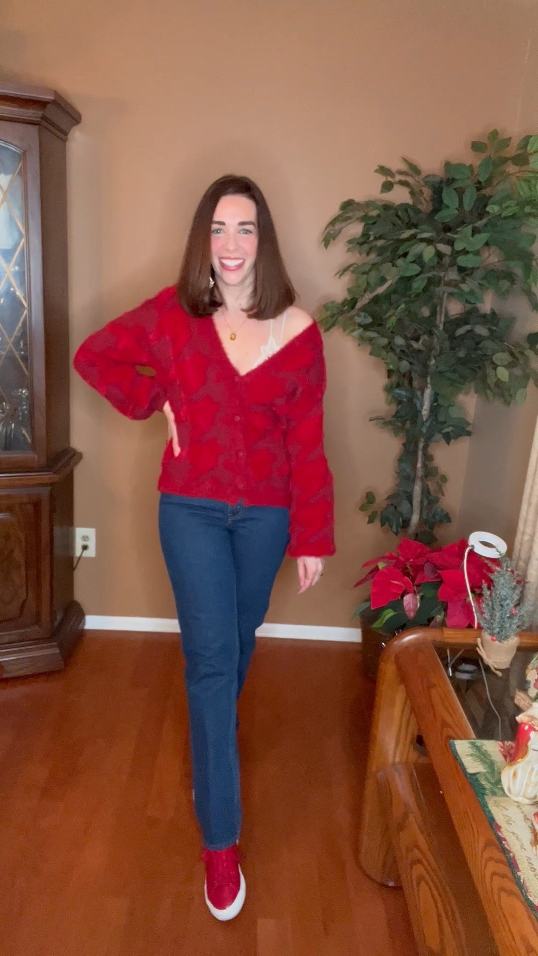 Red fuzzy cardigan (xs). Curve love high waisted dark wash jeans (27). Red sneakers (8.5). #cardigan #fuzzycardigan #redcardigan #jeans #darkwashjeans #curvelovejeans #sneakers #redsneakers #holidayoutfit #christmasoutfit Holiday Outfit 

#LTKFindsUnder100 #LTKSeasonal #LTKHoliday