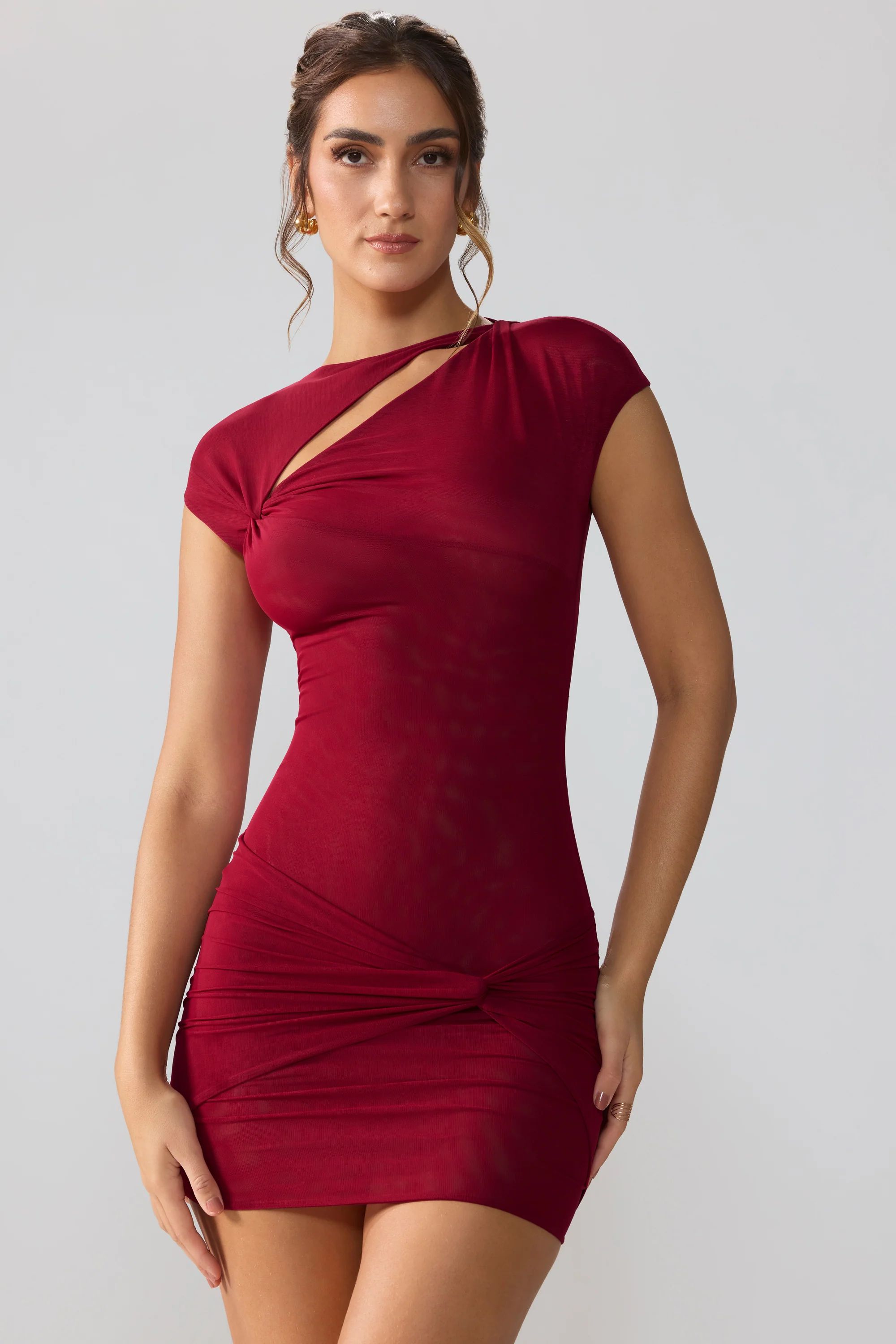 Mesh Cap Sleeve Cut Out Mini Dress in Ruby | Oh Polly