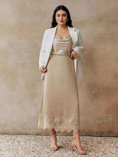 Anewsta Spring & Summer Plus Size Women's Elegant Casual Lace Trim Satin Skirt, Minimalist Versat... | SHEIN
