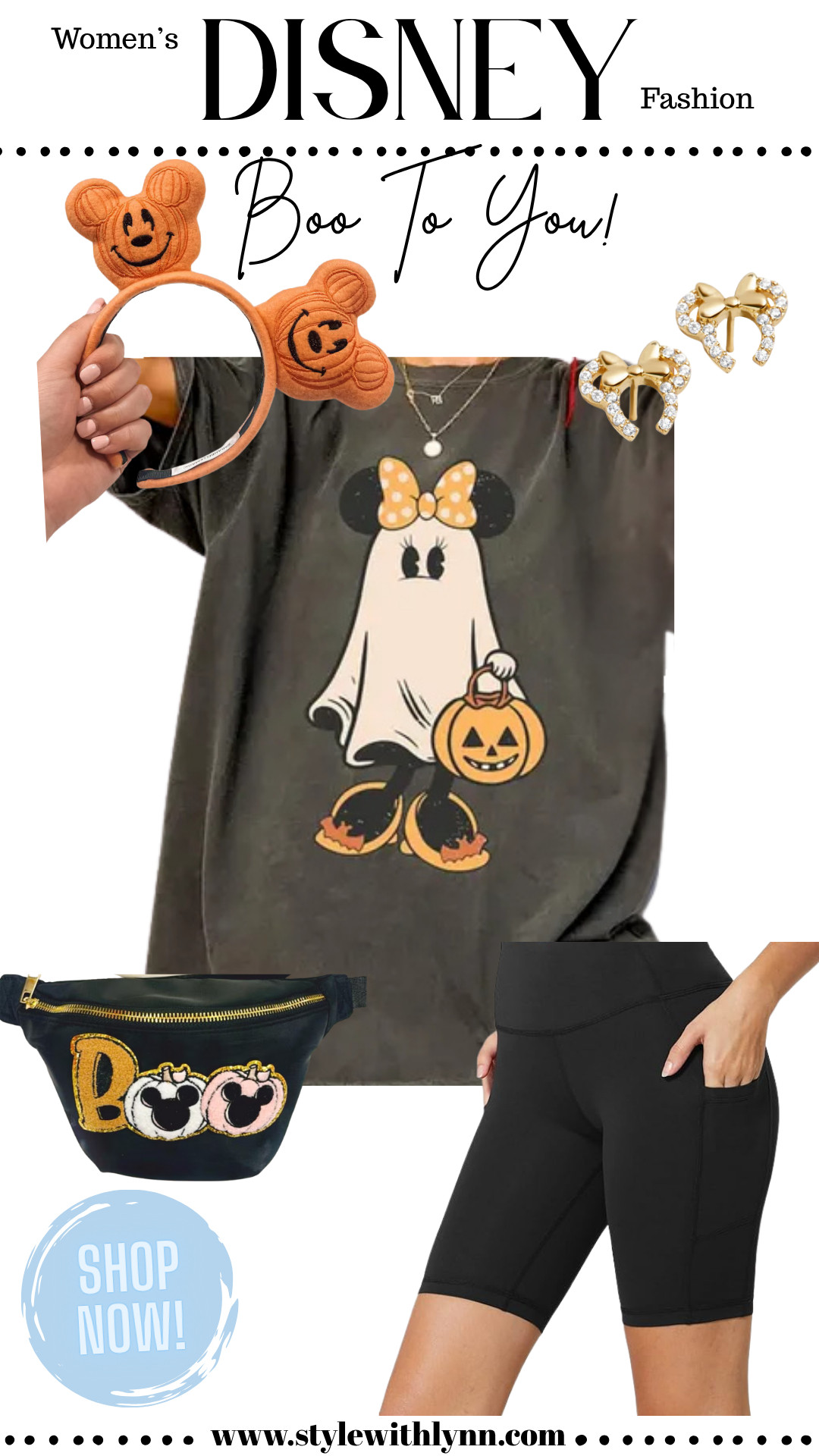 Ready to say Boo To You in style? This Disney-inspired Halloween outfit is perfect for your next trip to Mickey’s Not-So-Scary Halloween Party or a magical fall day in the parks!  Featuring a Minnie ghost tee, pumpkin Mickey ears, sparkle bow earrings, a festive “BOO” belt bag, and comfy biker shorts for all-day park hopping. 

🛍️ Shop this cute Disney Halloween outfit now and get park-ready in the cutest spooky style! 

#DisneyHalloween #DisneyOutfit #LTKStyle #LTKFall #LTKDisney #MickeysNotSoScary #DisneyParksStyle 

 #LTKTravel