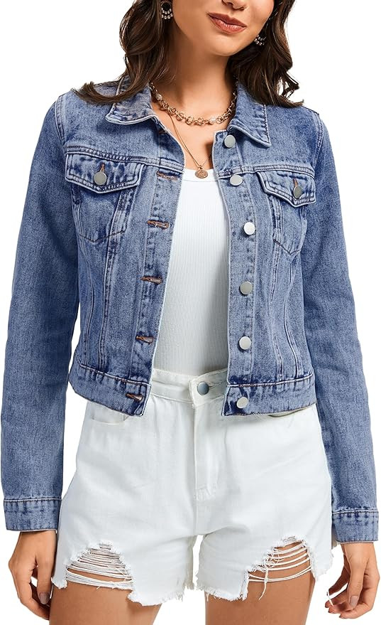 andy & natalie Women's Denim Jackets Cropped Long Sleeve Basic Button Down Crop Jean Shacket with... | Amazon (US)