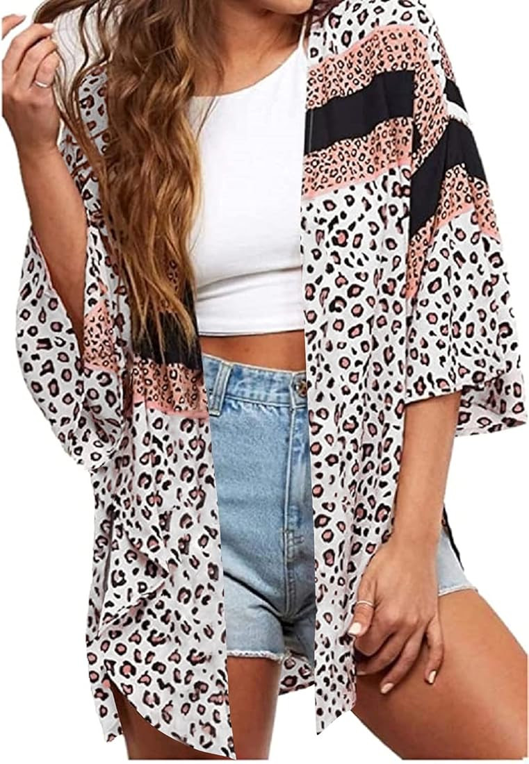 Women's Floral Print Puff Sleeve Kimono Cardigan Loose Cover Up Casual Blouse Tops | Amazon (US)