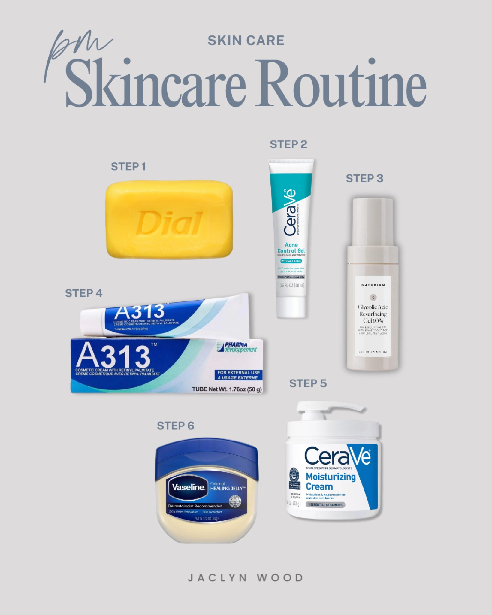 My most INTENSIVE night (pm) face, neck and chest skin care routine for maximum results (*after tolerance to exfoliants and antioxidants have built up, I use as often as needed): 1: Cleanse with with antibacterial soap. 2: *Salicylic acid (bha) to spot treat acne as needed, 3: *Glycolic acid (aha) to exfoliate top layers of the skin, 4: *Retinol (retinyl esters) to increase cell turnover and collagen, 5: Moisturizer to add hydration, 6: Petroleum layered on top to lock it all in. All products can be found on Amazon and Target (*Target does not have A313) - see the product sets by store on my shop! 

#LTKActive #LTKBeauty #LTKFindsUnder100