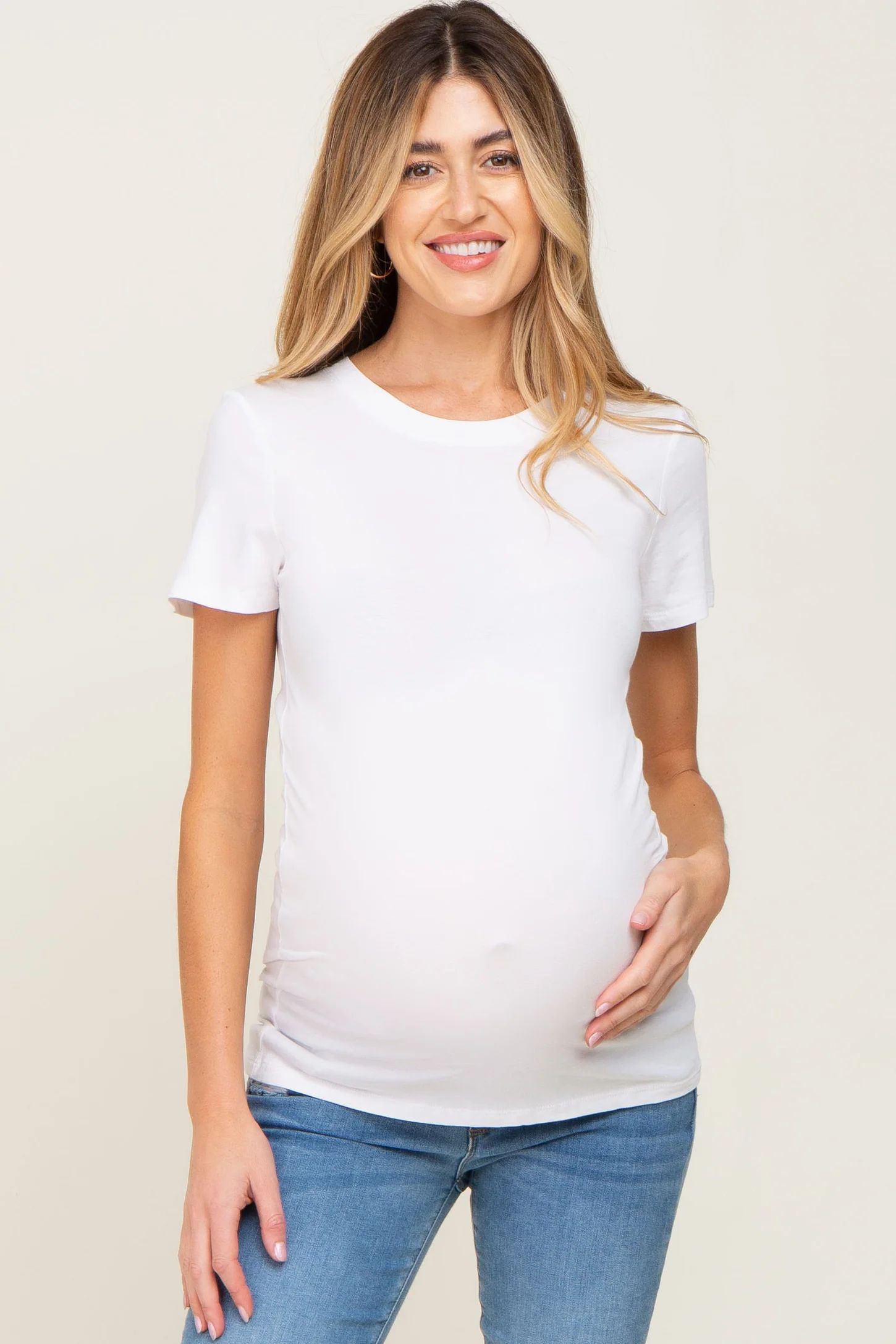 White Basic Crew Neck Maternity Tee | PinkBlush Maternity