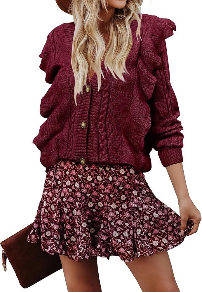 KIRUNDO Women's 2022 Fall Winter Long Sleeve Ruffle Cropped Cardigans Casual V Neck Button Down Knit | Amazon (US)