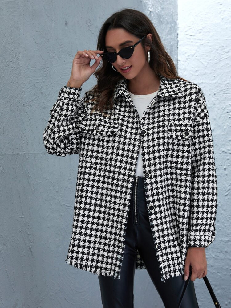 Houndstooth Button Through Raw Hem Tweed Coat | SHEIN