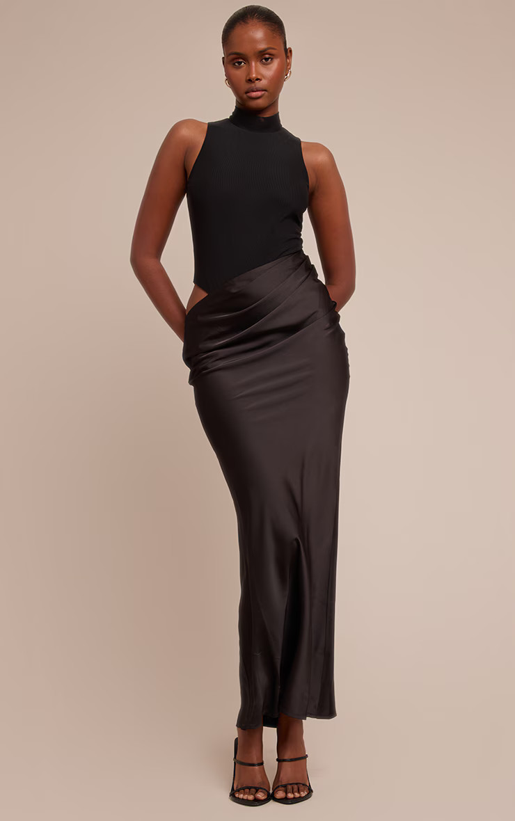 Black Mesh Racer Satin Skirt Maxi Dress | PrettyLittleThing UK