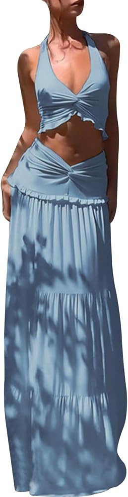 Famnbro Womens 2 Piece Skirt Sets Halter V Neck Y2k Top and Flowy Ruffle Maxi Skirts Summer Vacat... | Amazon (US)