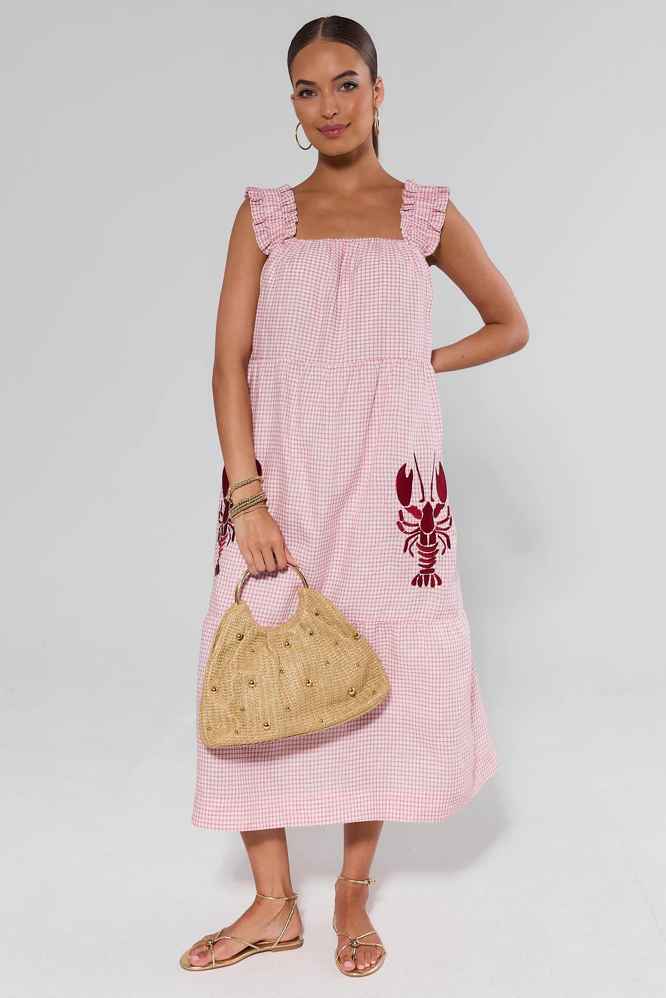 Red Gingham Lobster Midi Dress | Avara
