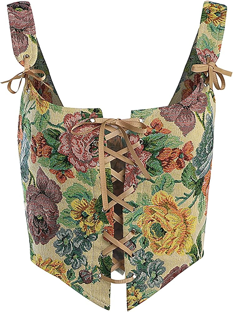 Dreay Womens Vintage Floral Print Grommet Lace Up Tie Front Corset Bustier Shapewear Top | Amazon (US)