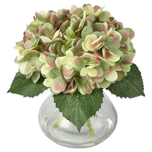 Artificial Hydrangea Flowers with Glass Vase & Fake Water - Faux Hydrangea for Home Table, Wedding Party, Office Decor | Realistic Fake Hydrangeas, Silk Flowers for Vase Arrangement (Hydrangea, green) | Amazon (US)