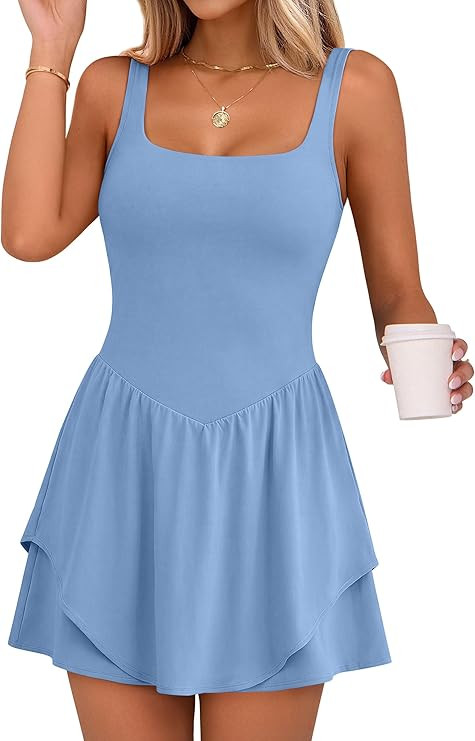 Caracilia Women Tennis Golf Dress with Pocket | Square Neck 2 Layers Hem, Built in Shorts and Bra... | Amazon (US)