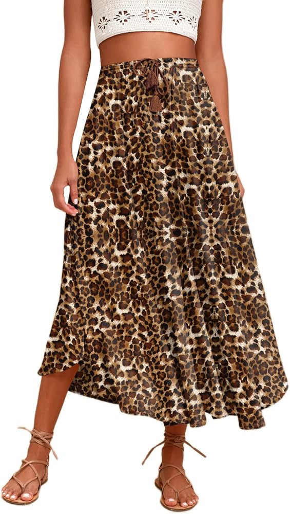Zeagoo Women Casual Maxi Skirts Elastic High Waisted Flowy Skirts Summer Lightweight Long Skirts | Amazon (US)