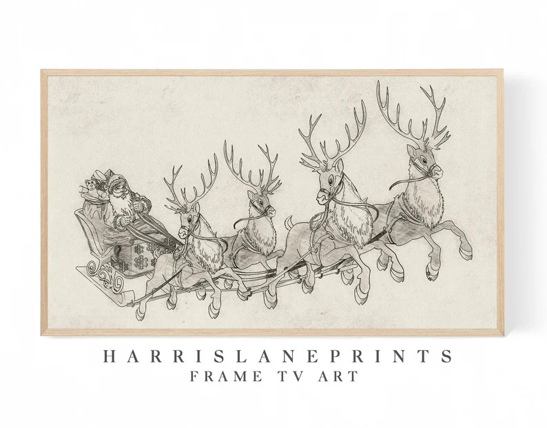 Samsung Frame TV art | "Vintage Inspired Santa Reindeer Sleigh Sketch" | Christmas | Winter | Poi... | Etsy (US)