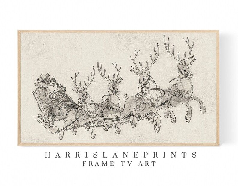 Samsung Frame TV art | "Vintage Inspired Santa Reindeer Sleigh Sketch" | Christmas | Winter | Poi... | Etsy (US)