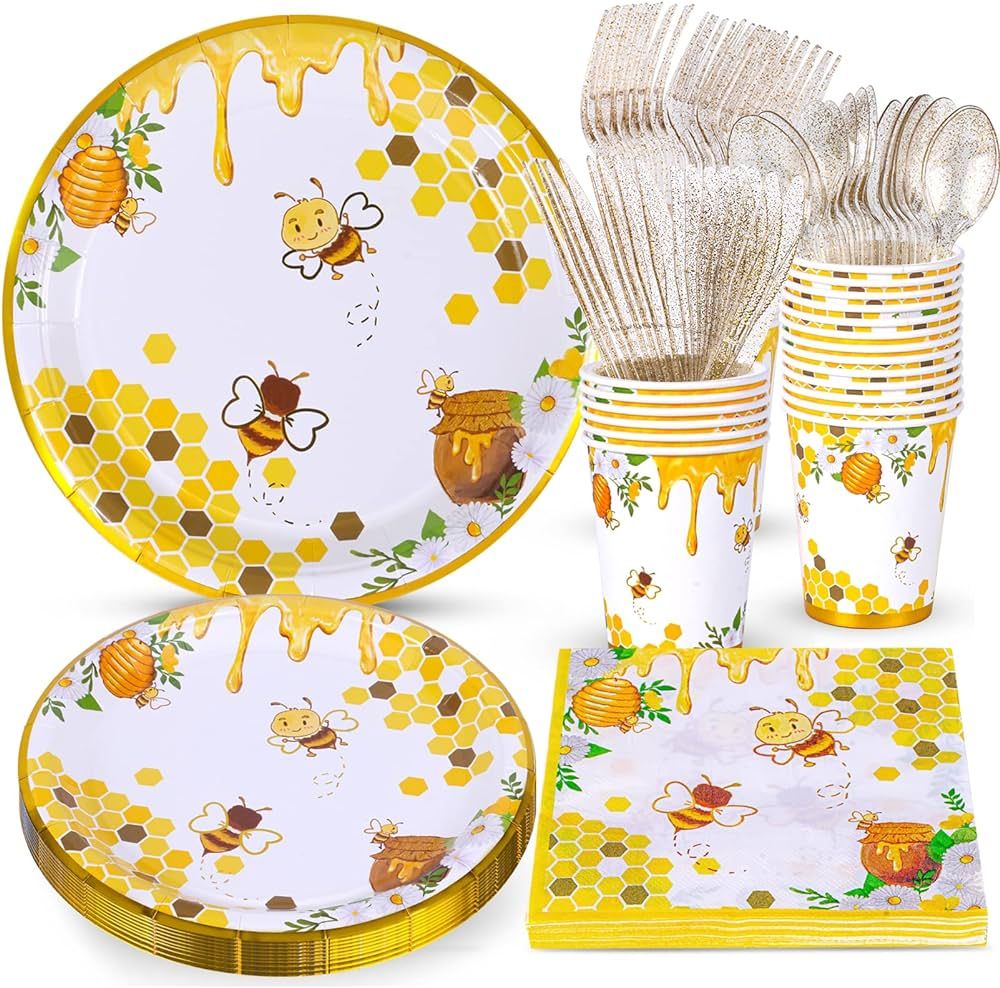 Atonofun Bee Party Supplies, Bee Plates and Napkins, Bee Party Plates, Cups, Napkins and Cutlery,... | Amazon (US)