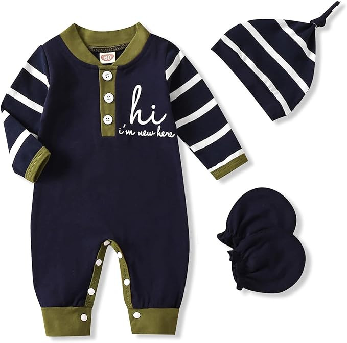 GRNSHTS Newborn Baby Boy Romper Coming Home Outfits Letter Print Bodysuit Jumpsuit+Hat+Gloves 3PC... | Amazon (US)