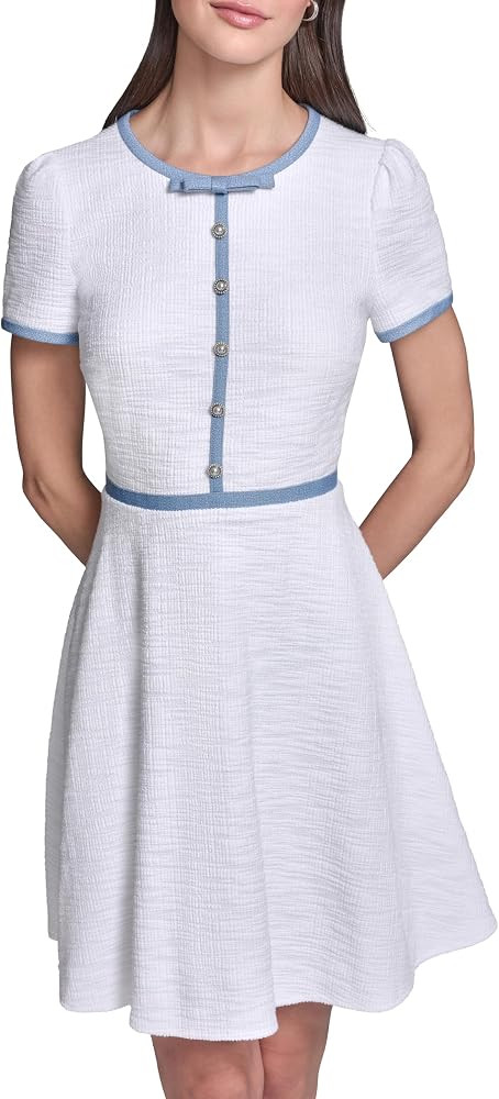Karl Lagerfeld Women's Short Sleeve Crew Neck Knit Tweed Contrast Framing A-line Dress | Amazon (US)
