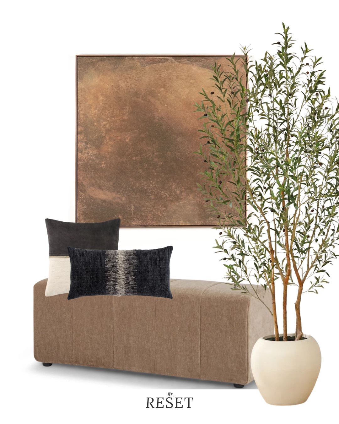Neutral modern bench seating with a high-end, organic look.
Featuring an upholstered bench, warm-toned abstract wall art, textured accent pillows, and a potted olive tree.
Ideal for modern entryways, living rooms, or bedroom seating. 

 #LTKSeasonal #LTKHome