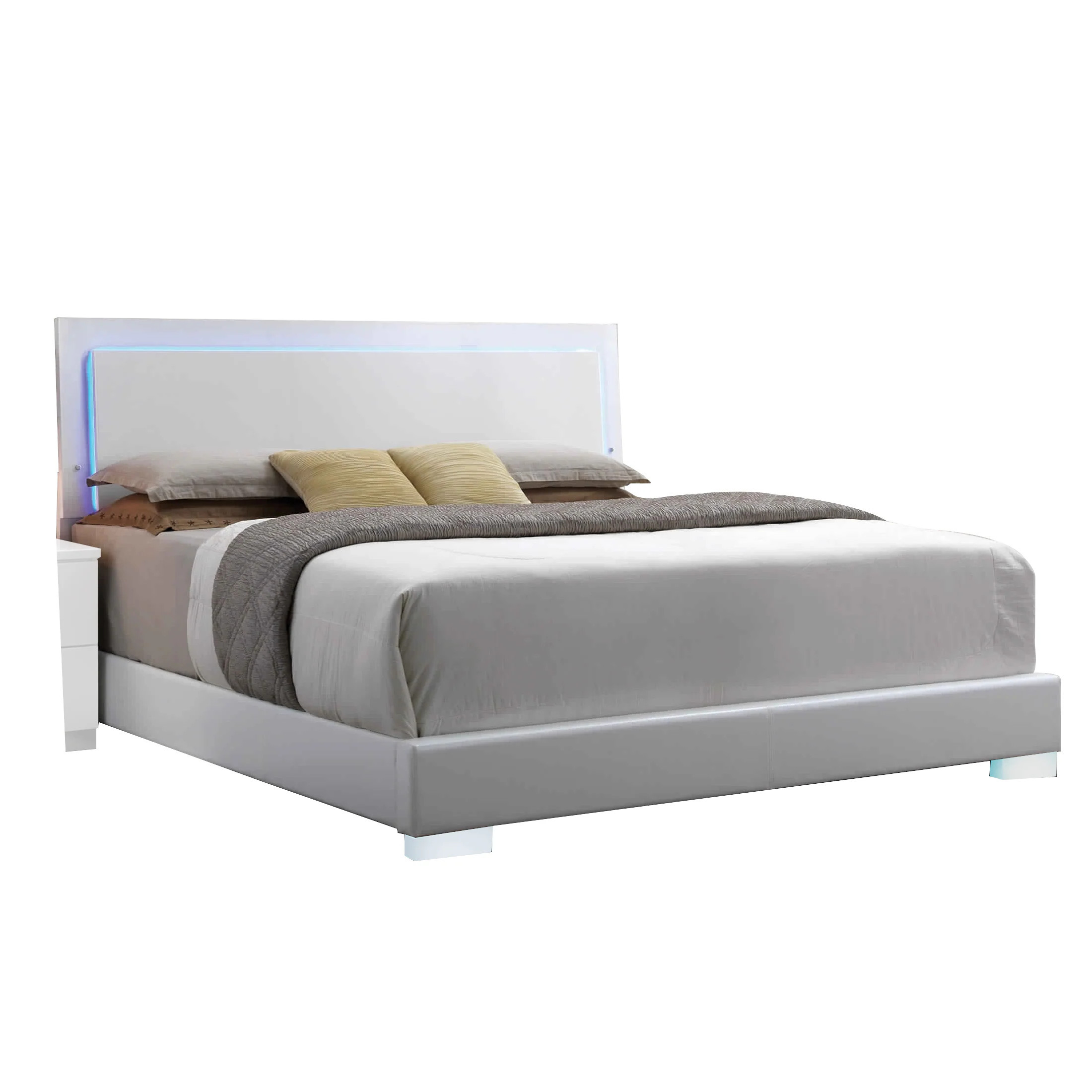 Benzara White Wooden Frame King Platform Bed with LED Panel Headboard and Chrome Legs one_size | BM218470 | Lowe's
