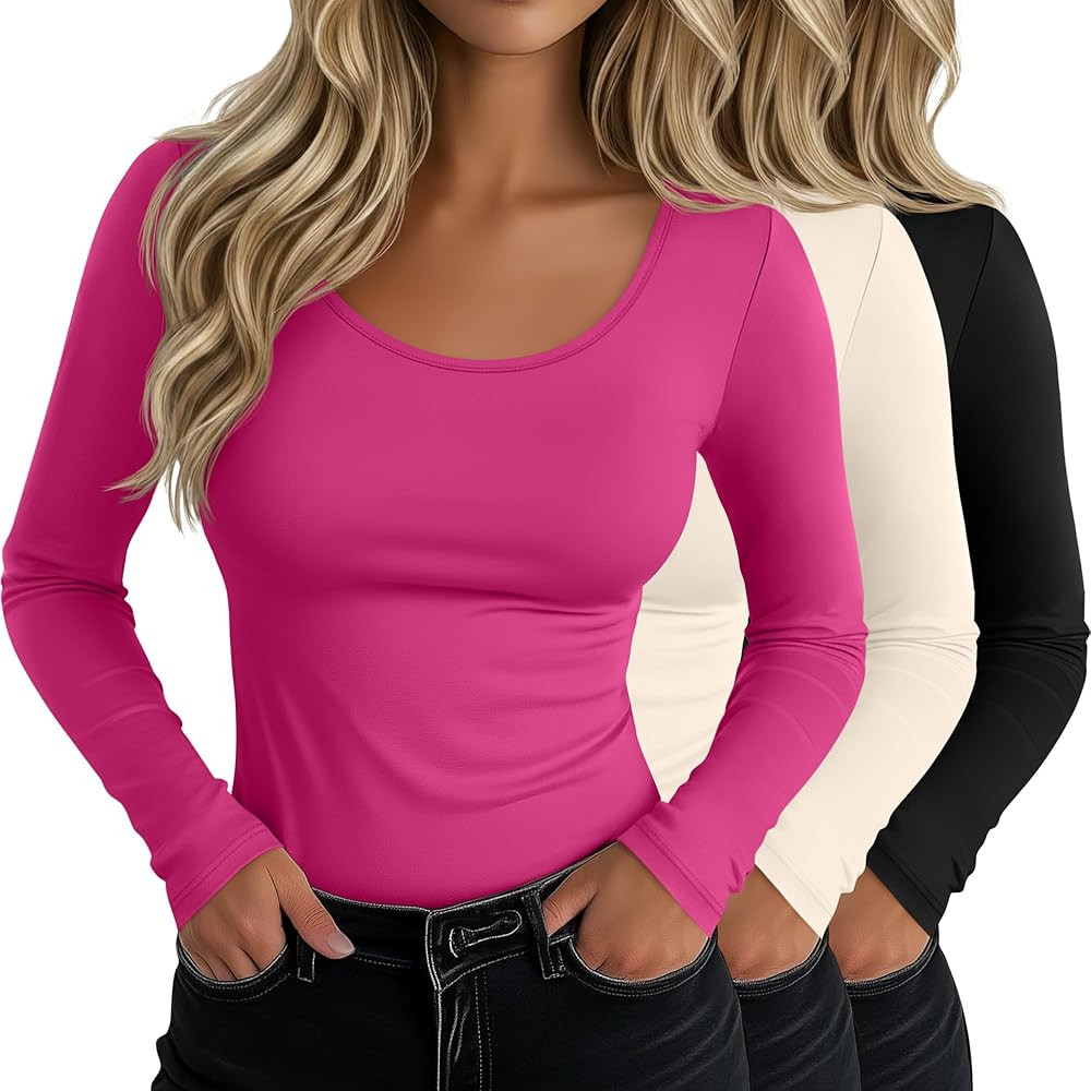 Neer 3 Pack Women's Long Sleeve T-Shirts Cotton Scoop Neck Slim Fitted Tops Stretchy Tight Casual... | Amazon (US)