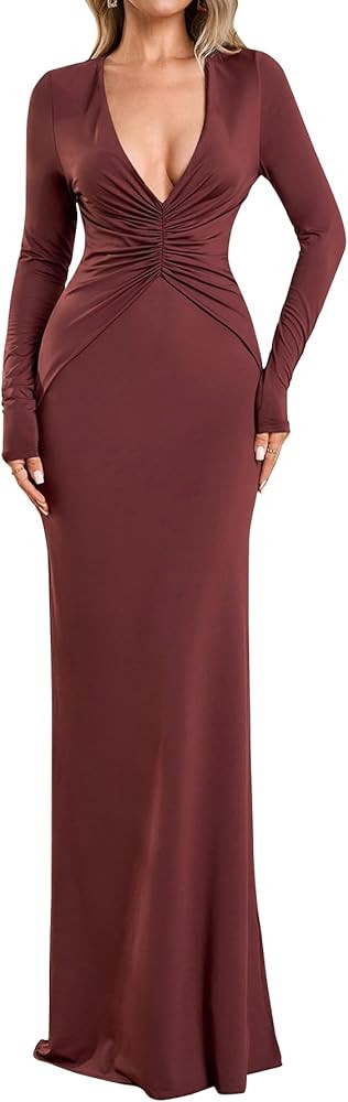Long Sleeve V Neck Long Dress Bodycon Maxi Ruched Sexy Backless Tie Wedding Guest Formal Fall Dre... | Amazon (US)