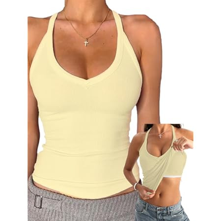 SUUKSESS Halter Tank Top for Women with Built in Bra Cotton Ribbed V Neck Cami | Amazon (US)