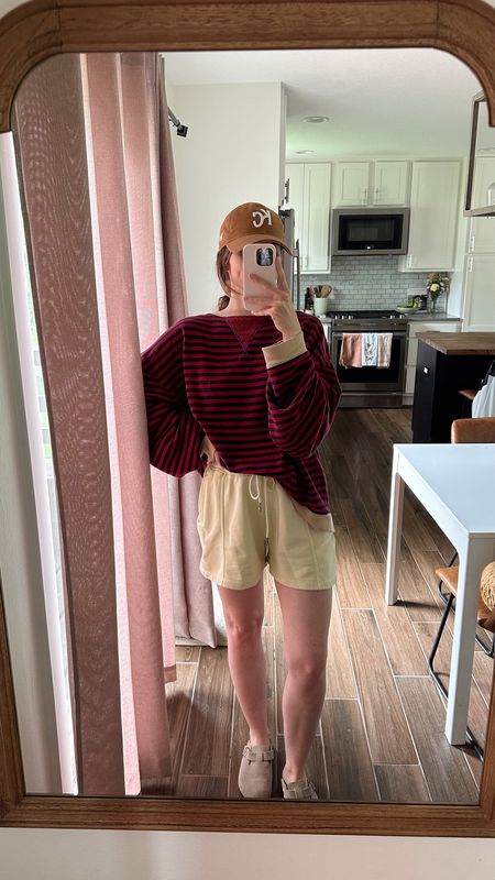 favorite crewneck, wearing a small, fits oversized. One of my most worn items, back in stock in a few color ways!
wearing xs in shorts, so comfortable and love how they fit 

Spring outfit, mom outfit, nursing friendly 