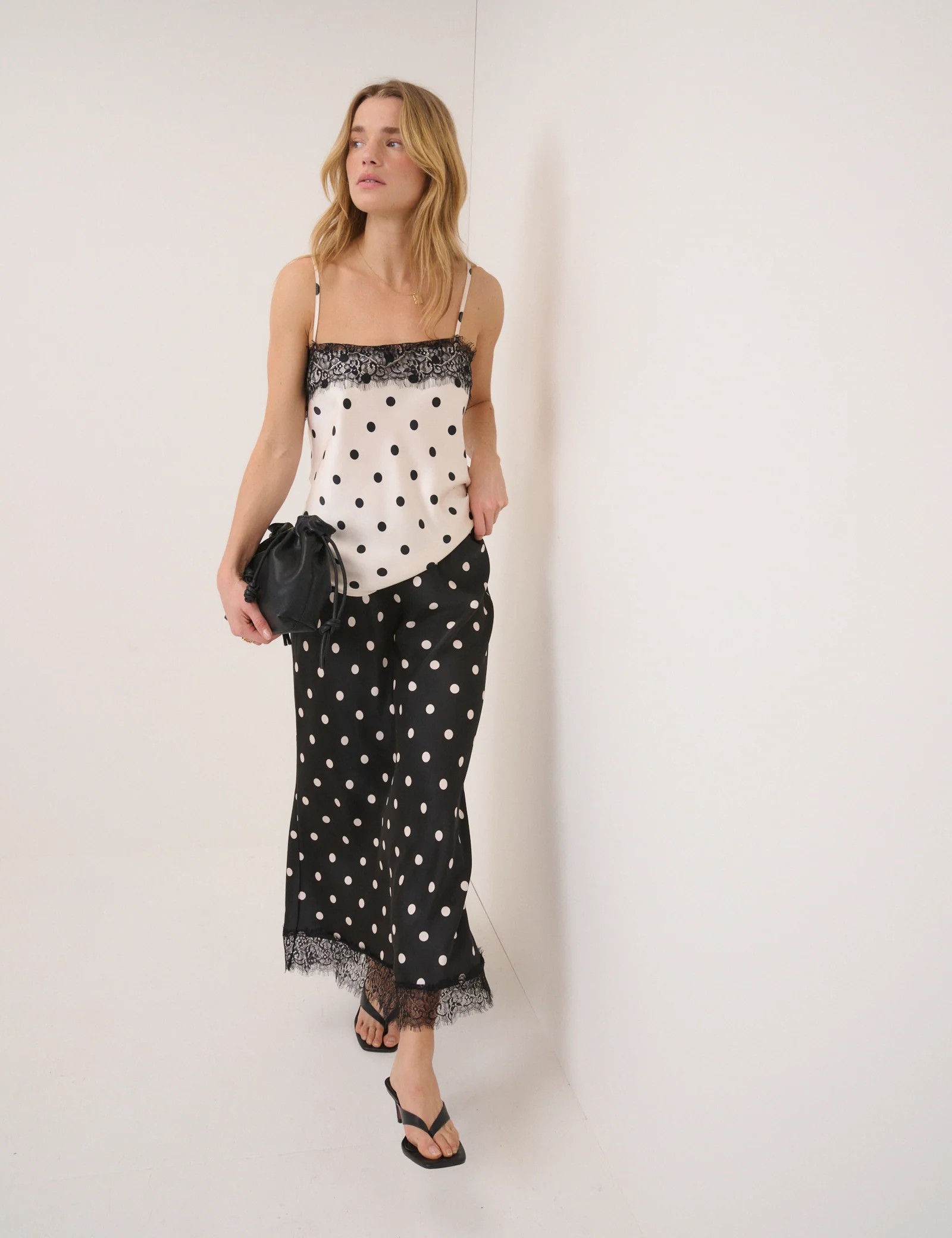 Black Polka Dot Lace Trim Mila Midi Skirt | Nobody's Child