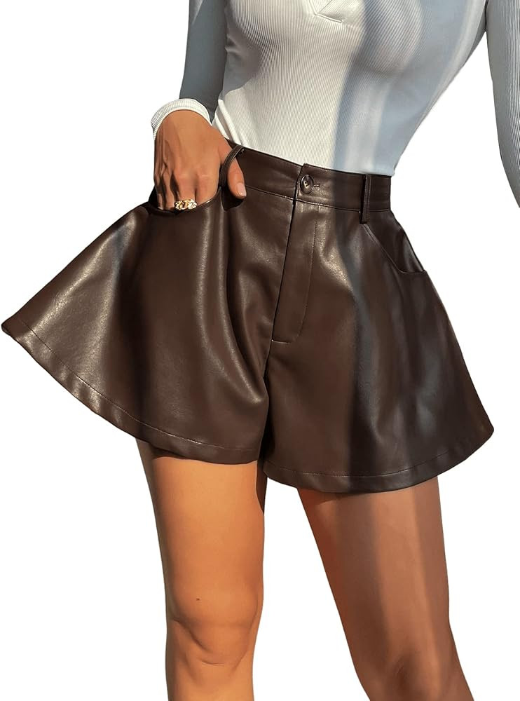 SweatyRocks Women's Faux Leather High Waisted Wide Leg Zipper Fly Loose Fit Shorts | Amazon (US)