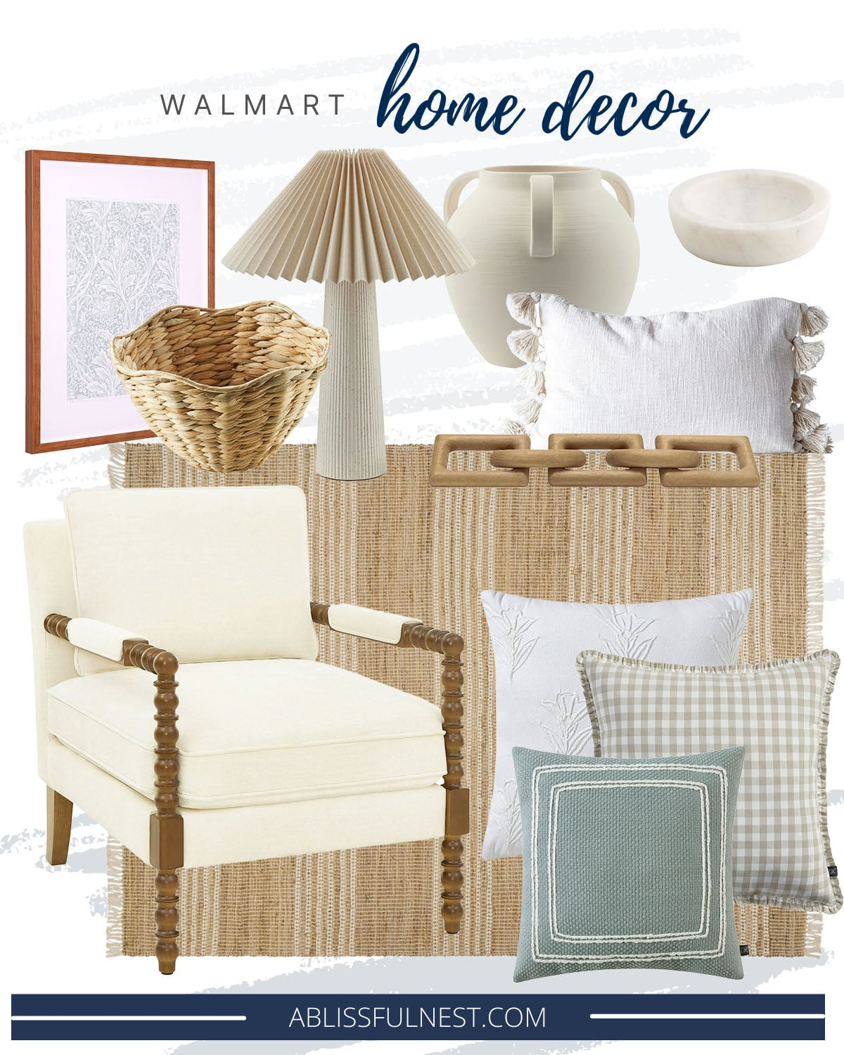 Grab these stylish home decor finds from Walmart!
white spindle accent chair, pleated table lamp, woven basket, white ceramic vase, marble bowl, decorative wood chain link, framed artwork, assorted throw pillows, natural woven area rug 

 #LTKHome #LTKFindsUnder50 #LTKFindsUnder100