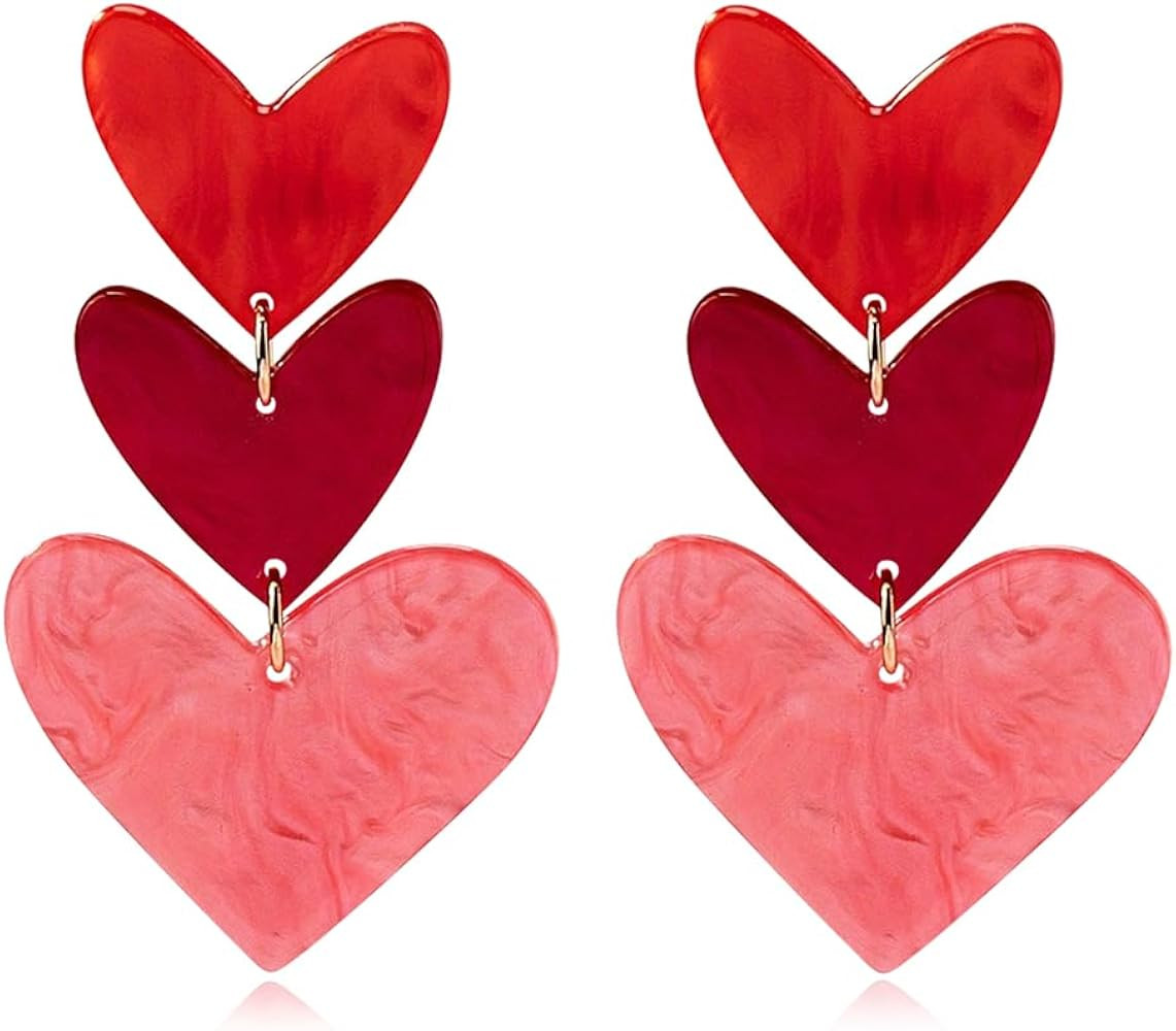 Heart Earrings Dangle Valentine's Day Earrings Pink Heart Earrings Red Heart Earrings Cute Love D... | Amazon (US)