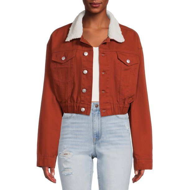 Madden NYC Junior's Cropped Denim Jacket with Faux Sherpa Collar - Walmart.com | Walmart (US)