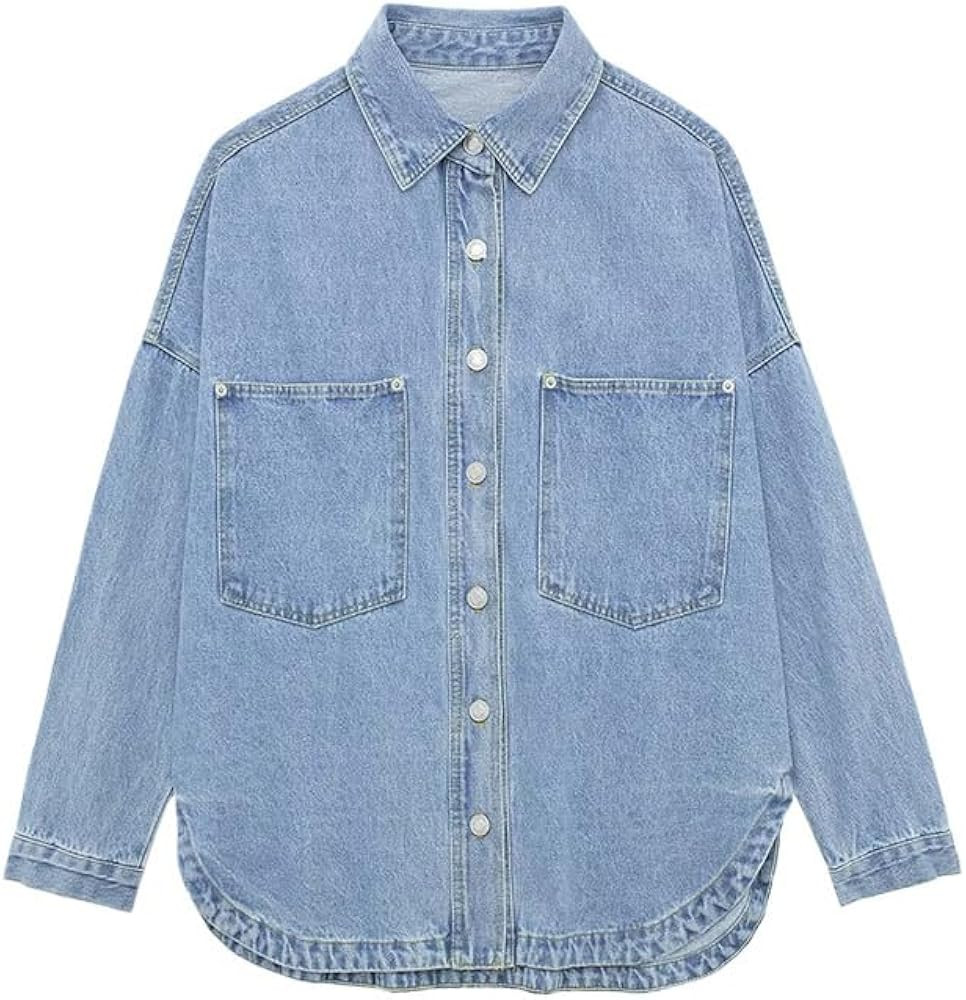 Autumn/Spring Women Fashion Denim Blue Single Breasted Shirt Jackets Vintage Neck Long Sleeves Fe... | Amazon (US)