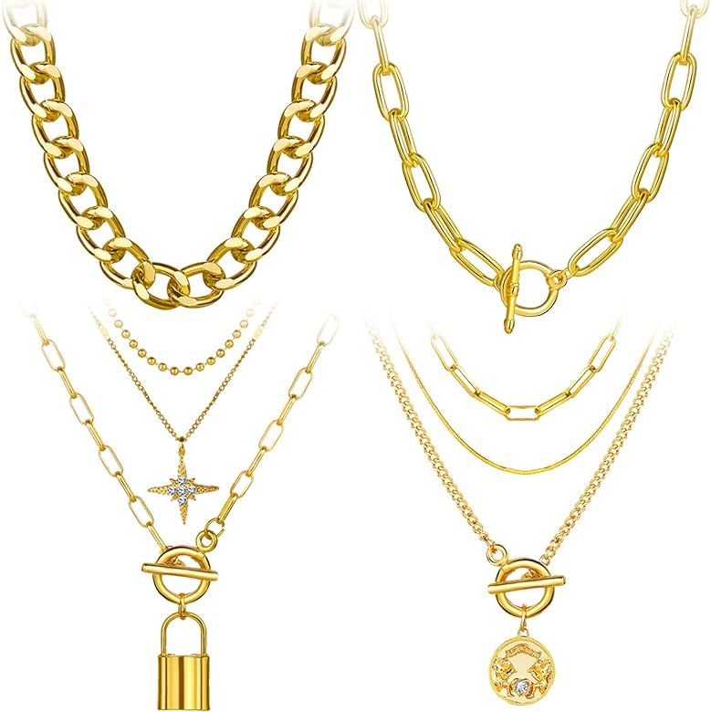 4PCS Gold Layered Chain Necklace Set, Chunky Figaro Imitation Pearl Chian, Dainty Lock Coin Medallio | Amazon (US)