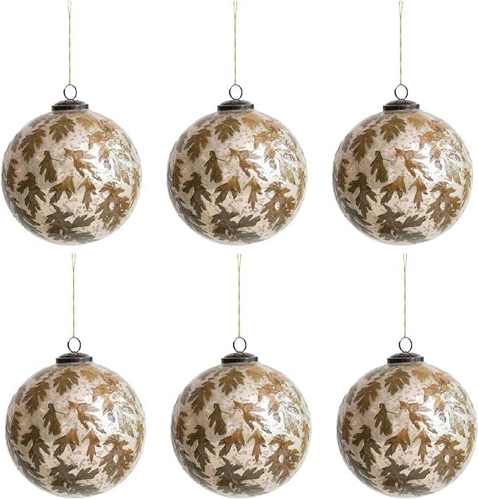 Creative Co-Op Round Glass Ball Ornament with Embedded Leaves, Antique Silver Finish, Set of 6 | Amazon (US)