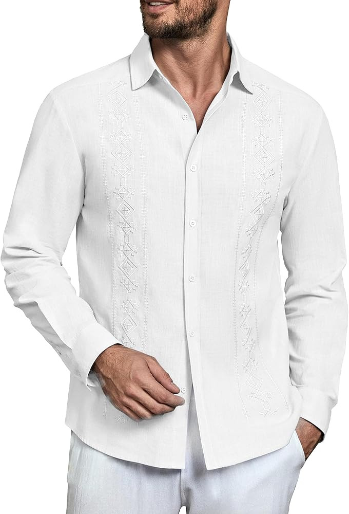 Makkrom Men's Casual Cotton Linen Button Down Shirts Cuban Guayabera Shirt Long Sleeve Summer Bea... | Amazon (US)