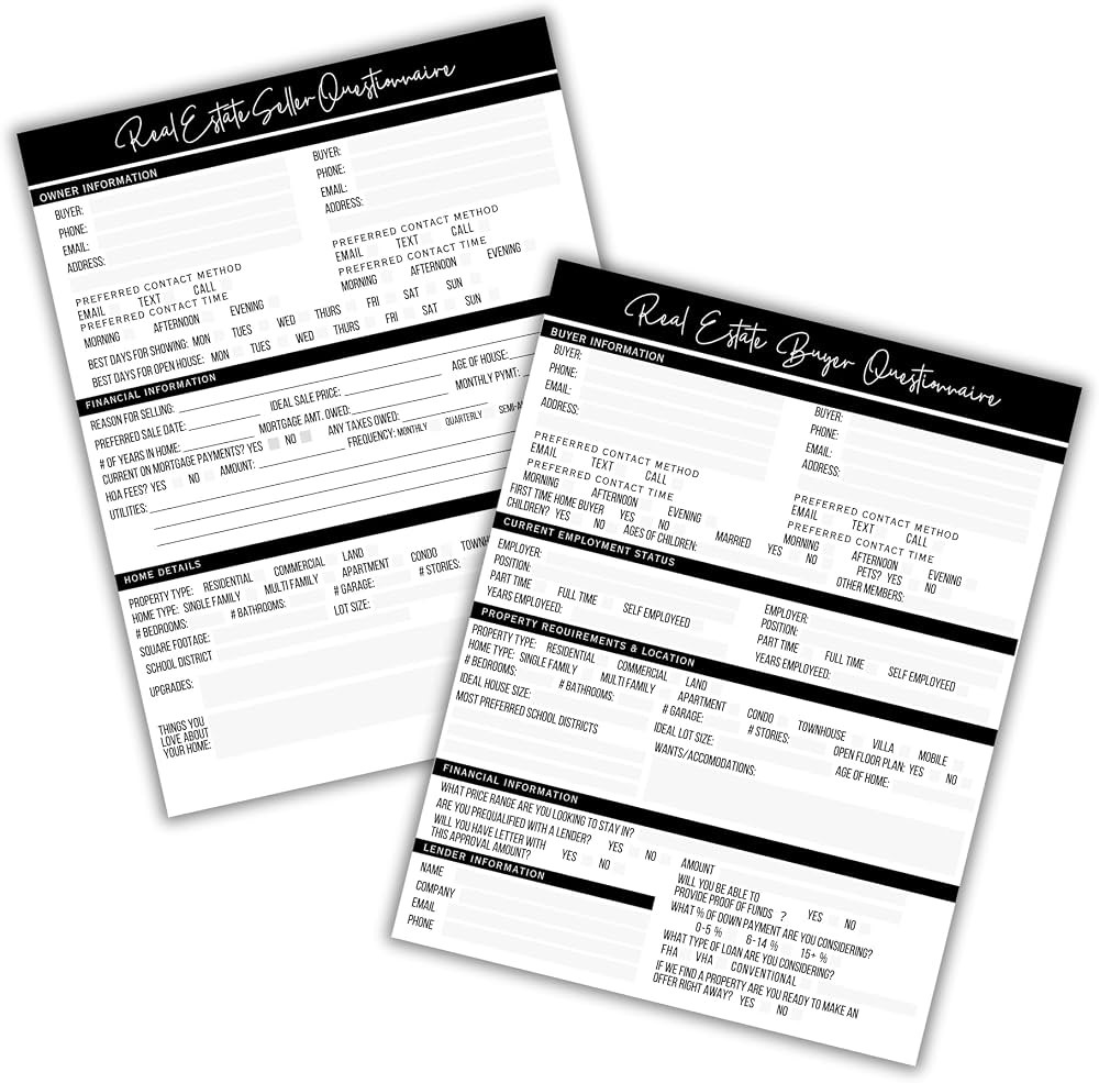 Real Estate Buyer & Seller Questionnaire Agent Form | 50 pk, 25 Each - 8.5x11' Open House Feedbac... | Amazon (US)