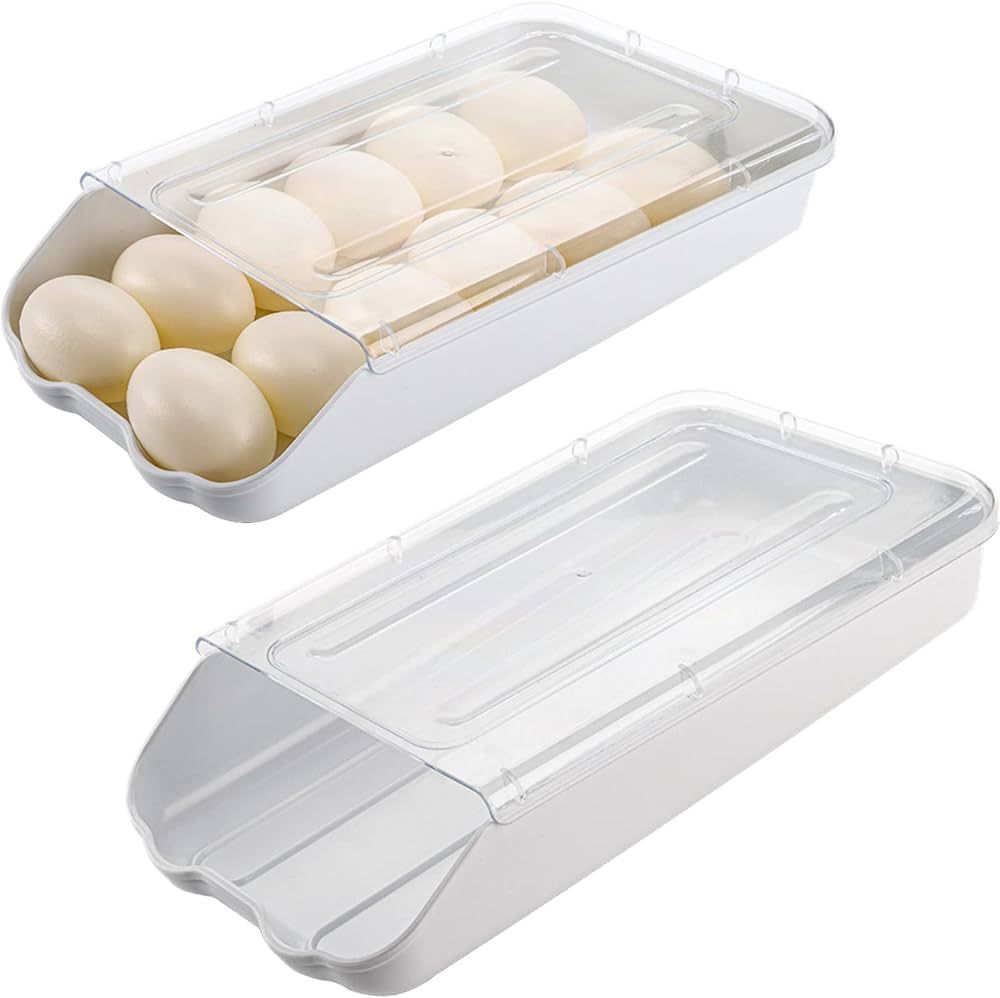 ZOOFOX 2 Pack Egg Holder for Fridge, Automatic Rolling Egg Container for Refrigerator with Lid, 2... | Amazon (US)