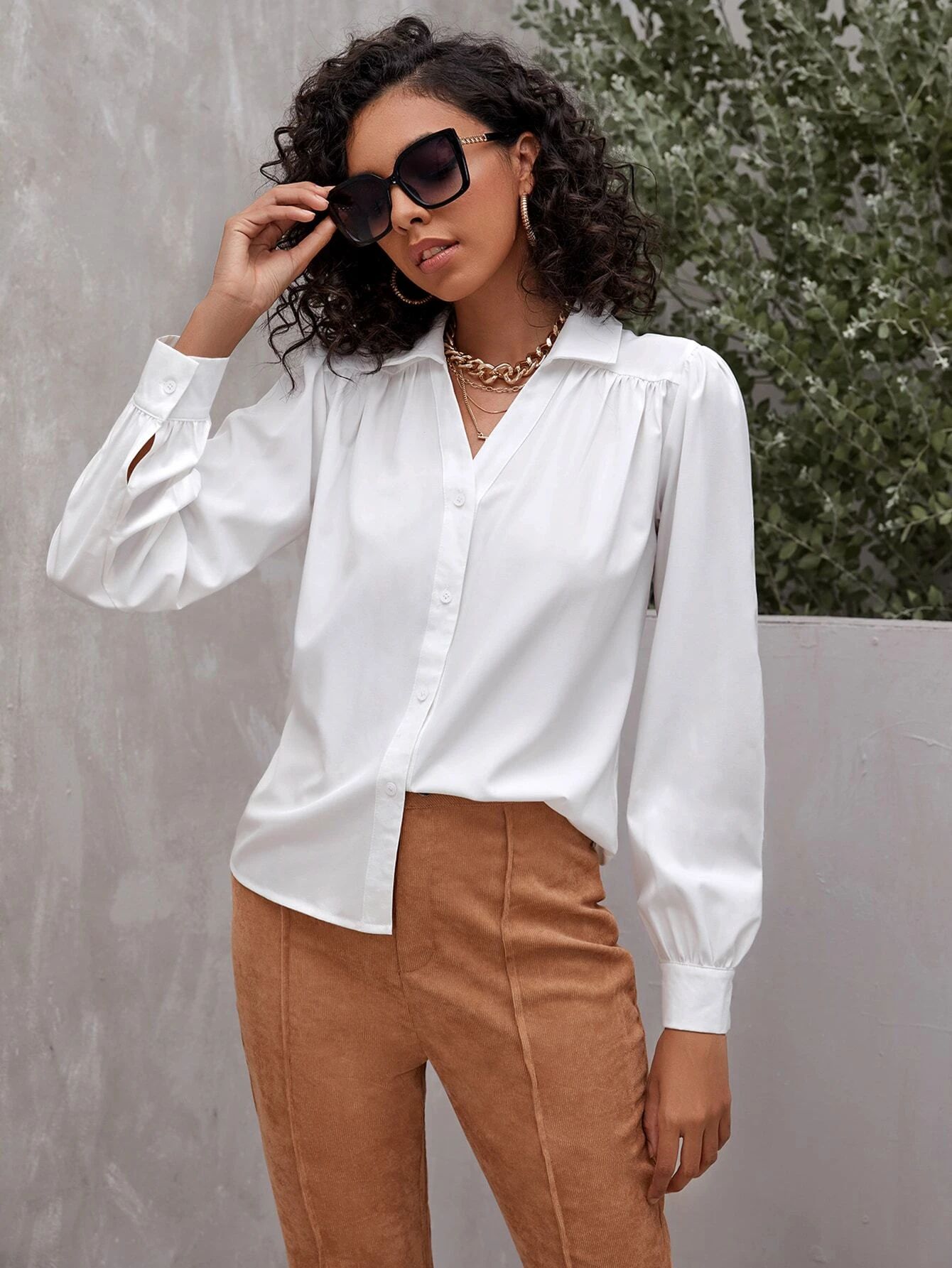 Solid V Neck Collar Blouse | SHEIN