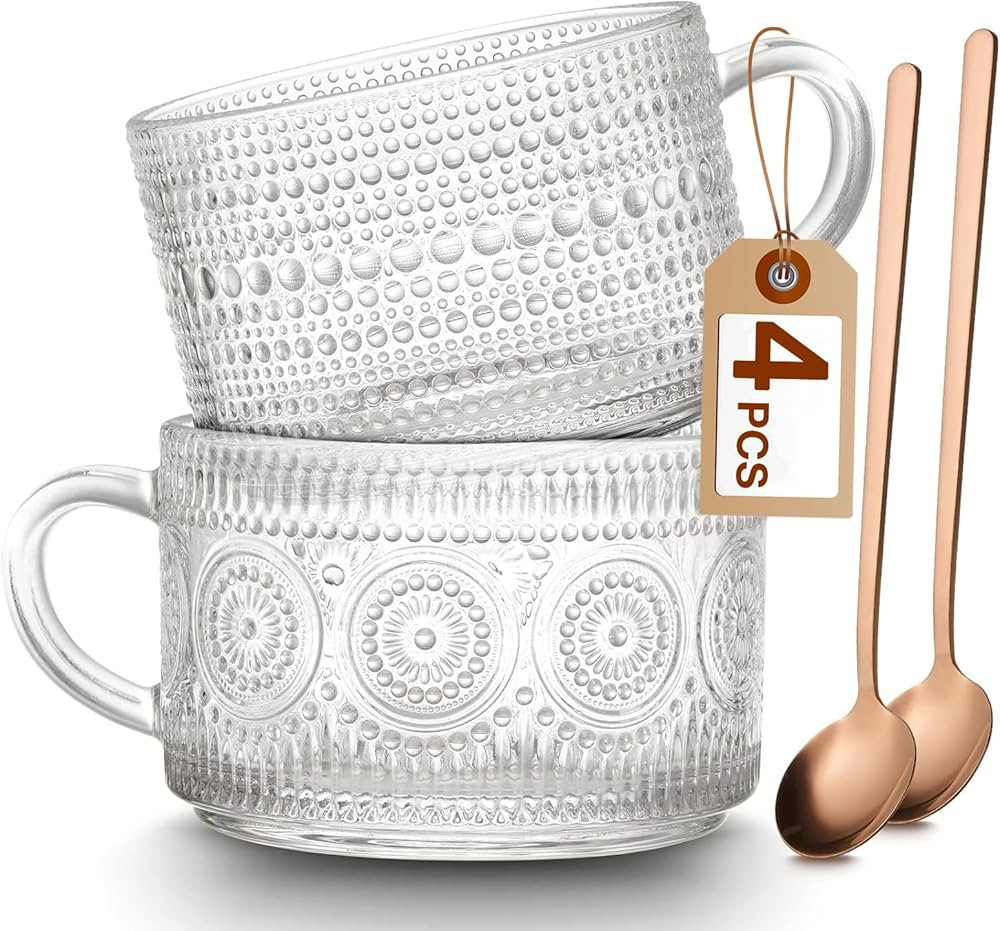 Mfacoy Vintage Coffee Mugs Set of 2, 14 oz Embossed Glass Cups with Handle, Clear Cups for Cappuc... | Amazon (US)