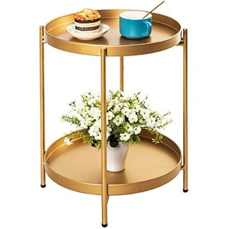 Sankell Gold End Table, 2-Tier Round Metal Side Table Removable Tray, Small Accent Table/Nightstand, | Amazon (US)