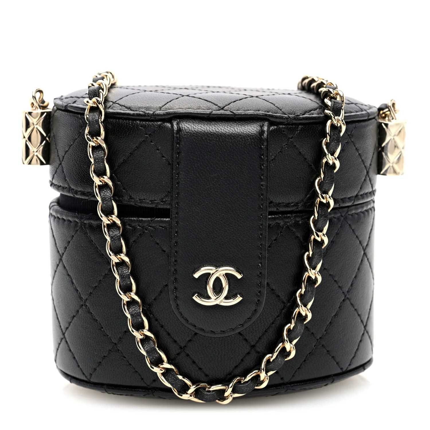 Lambskin Quilted Mini Round Vanity Case With Chain Black | FASHIONPHILE (US)