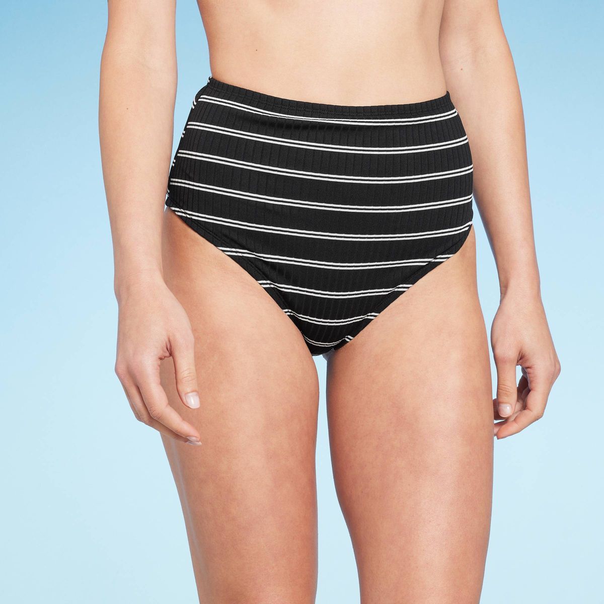 Women's Ribbed High Waist Bikini Bottom - Shade & Shore™ Black Striped | Target