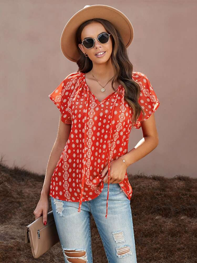 Tie Neck Geo Print Blouse | SHEIN