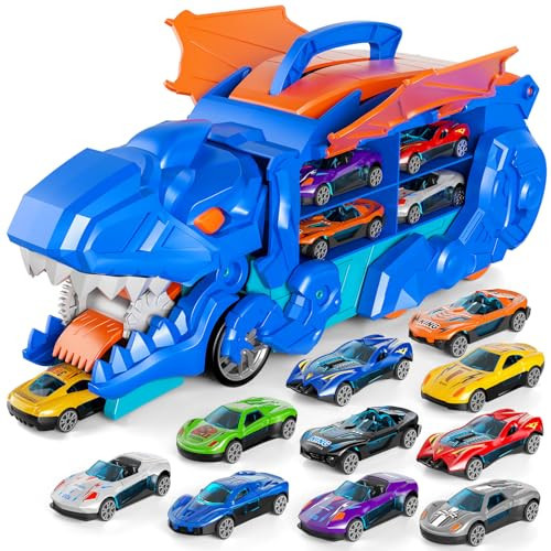 iHaHa Toddler Truck Toys for 3 4 5 6 Years Old Boys, Toys Cars Track Set Dinosaur Transporter Truck with 10 Die-Cast Car Toys, Transforms into Dino, Toddler Car Toys Set for Kids Boys Girls | Amazon (US)