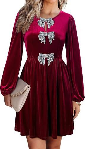 Happy Sailed Womens Velvet Dress Fall Winter Long Sleeve Bowknot High Waisted A Line Cocktail Dre... | Amazon (US)